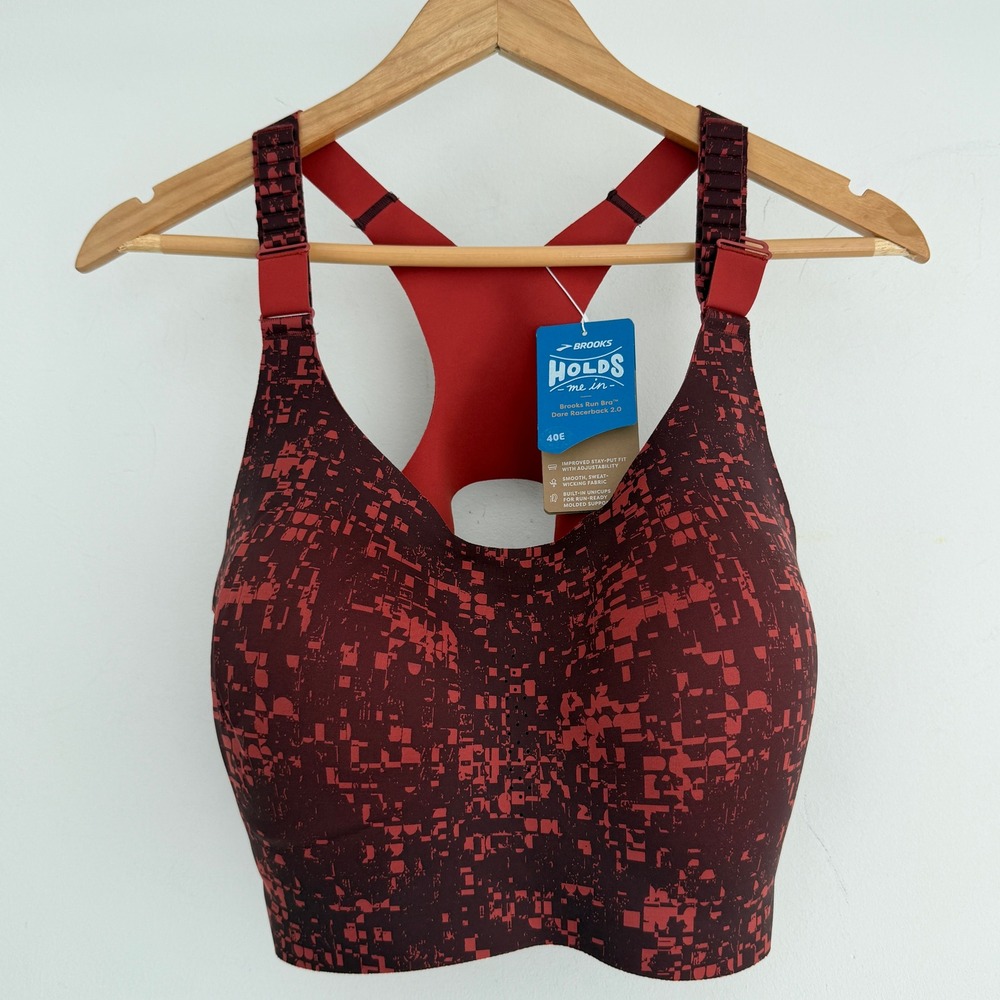 Brooks Dare Racerback Run Sports Bra 2.0 Size 40E Red Glitch Print Copper Raisin